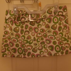 SHEIN Pink and Green Patterned Mini Skirt with Belt